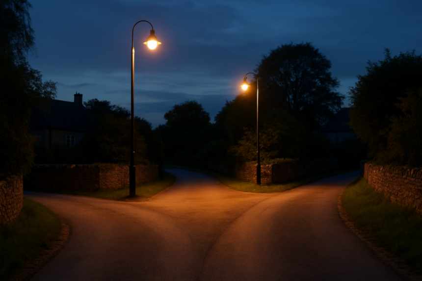 Village lane fork at dusk