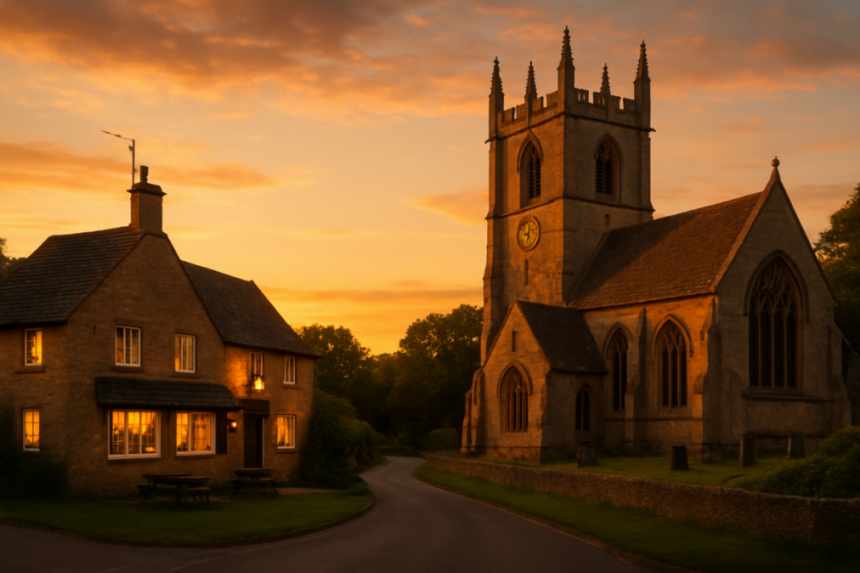 Village church and pub at sunset