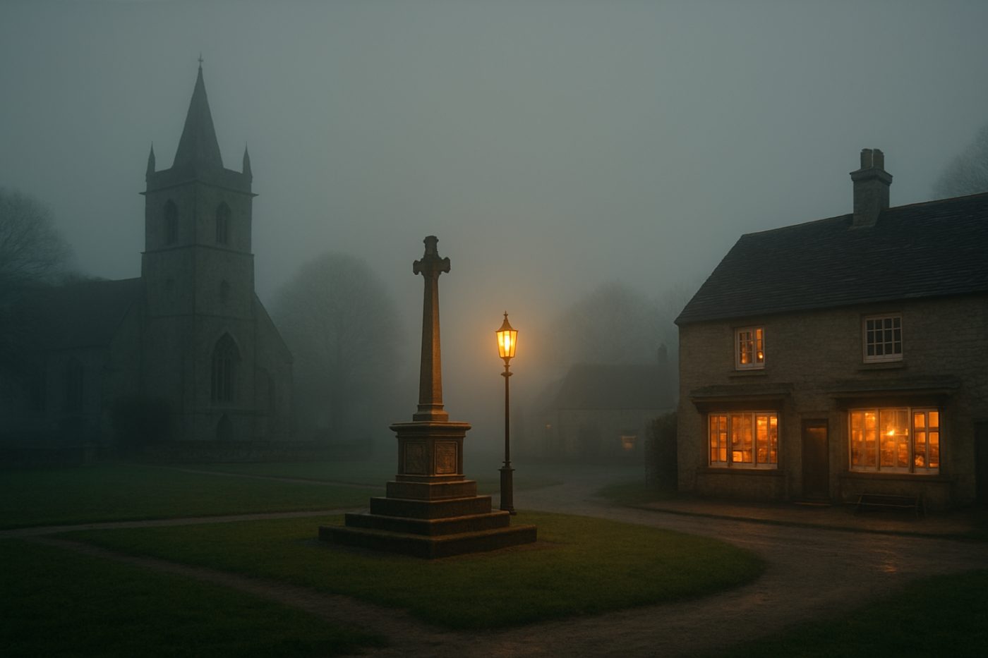 Foggy village green at dusk