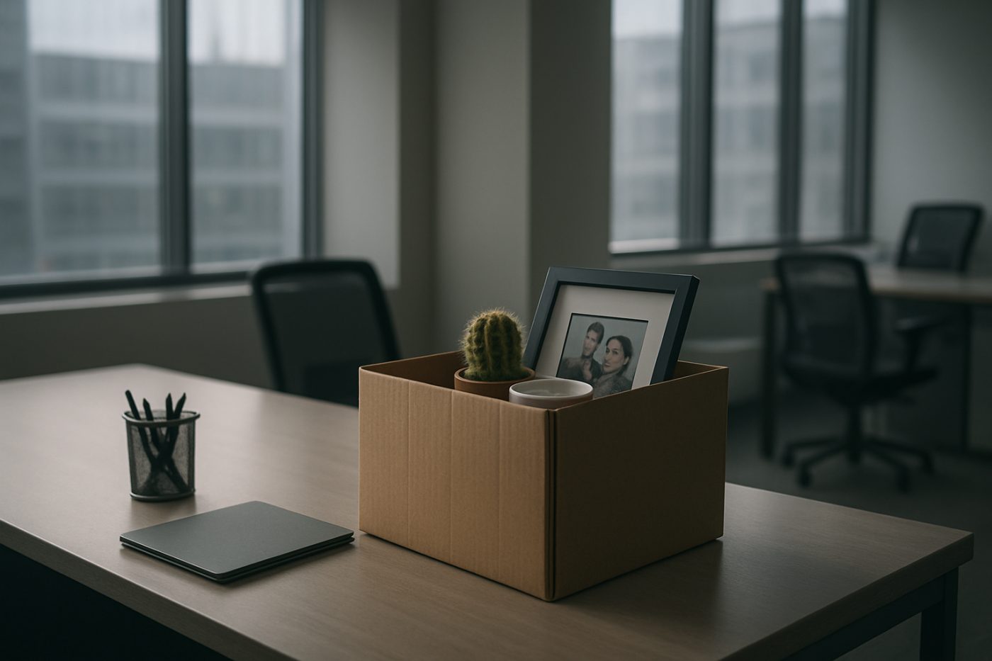 grey afternoon office with box
