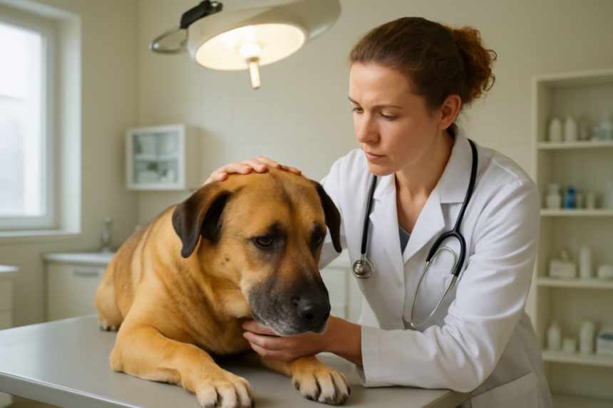 vet examining large dog
