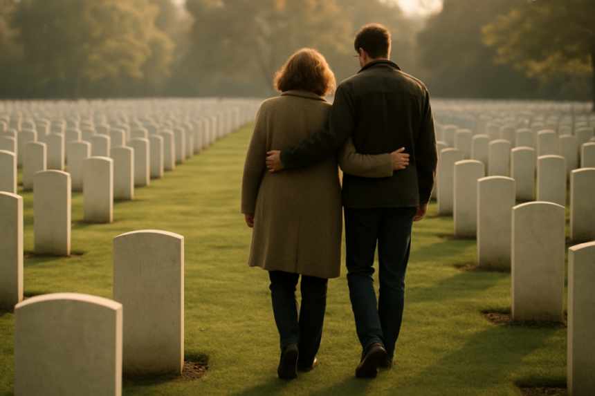 family visiting war cemetery
