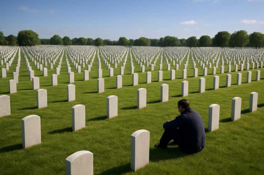 war cemetery with seated visitor