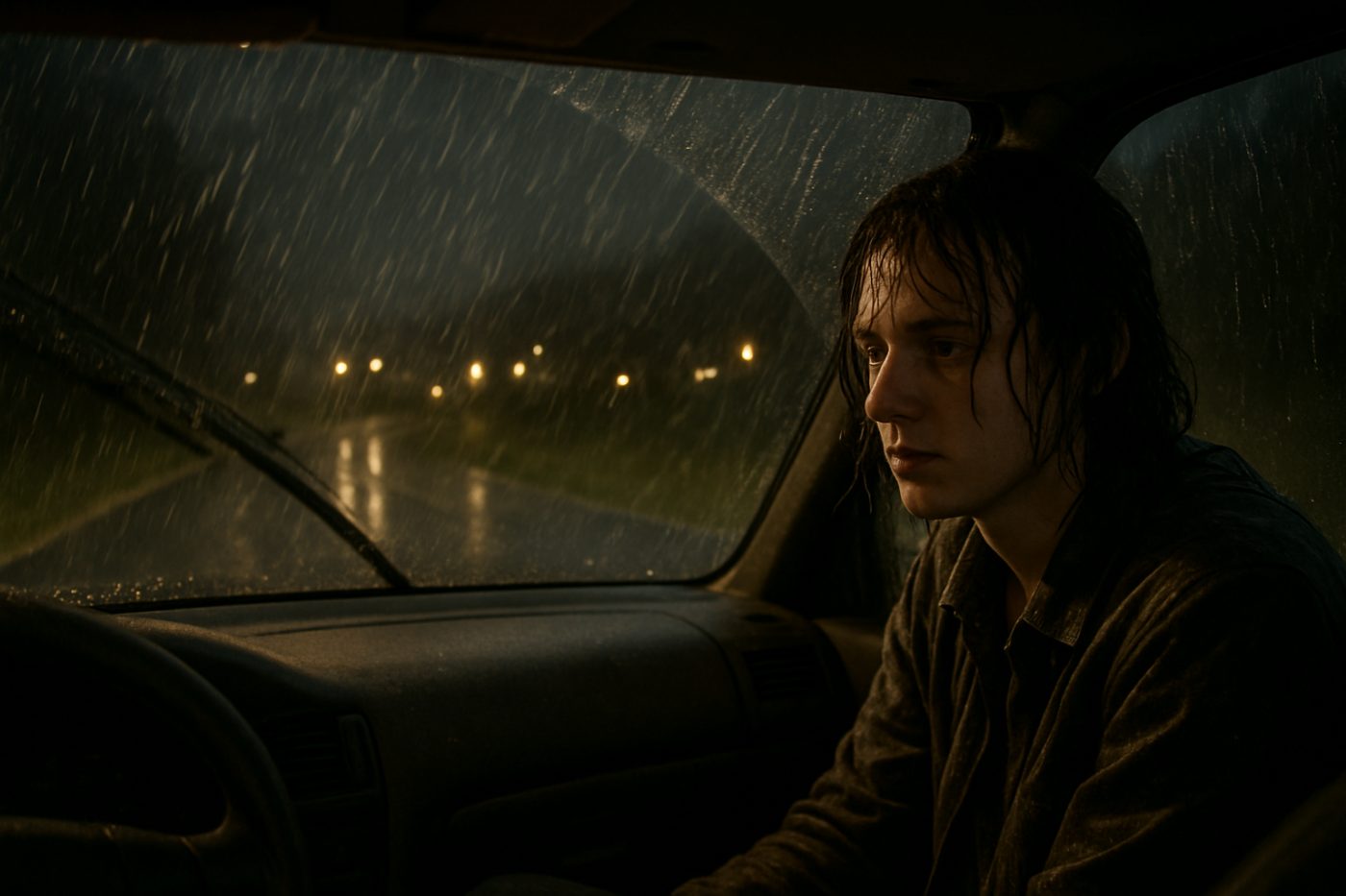 Soaked hitchhiker in storm