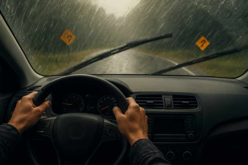 Driver navigating stormy road