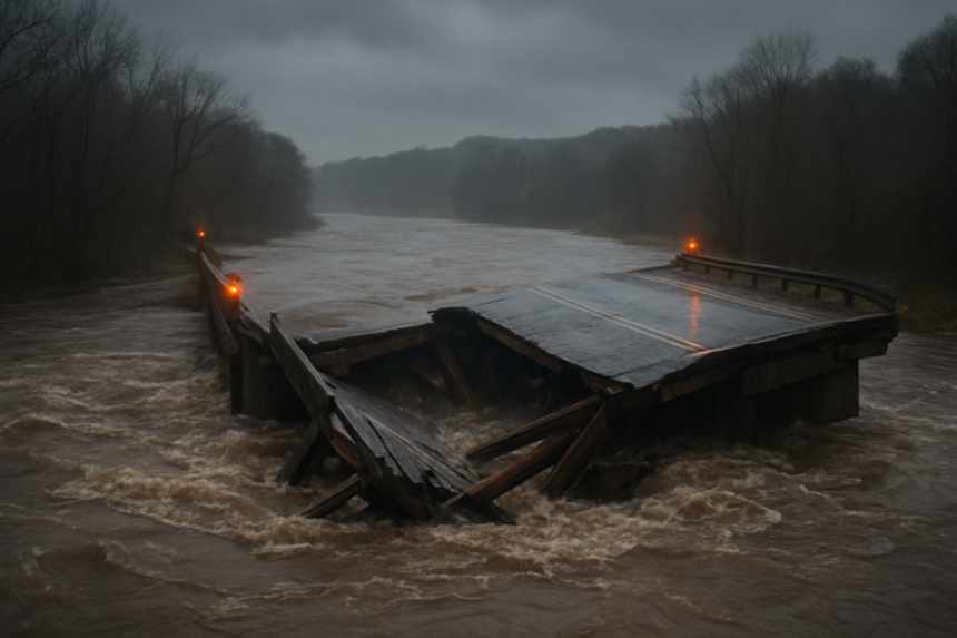 Washed-out broken river bridge