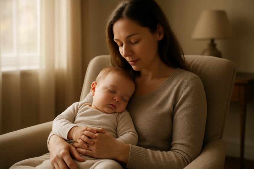 Mother holding sleeping baby