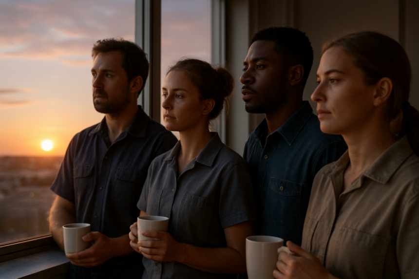 Workers watching sunrise