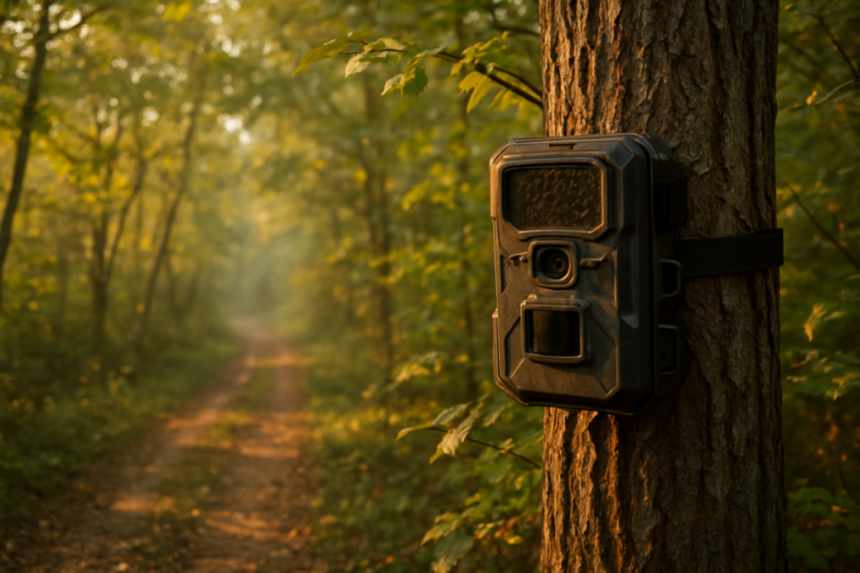 Trail camera on forest path