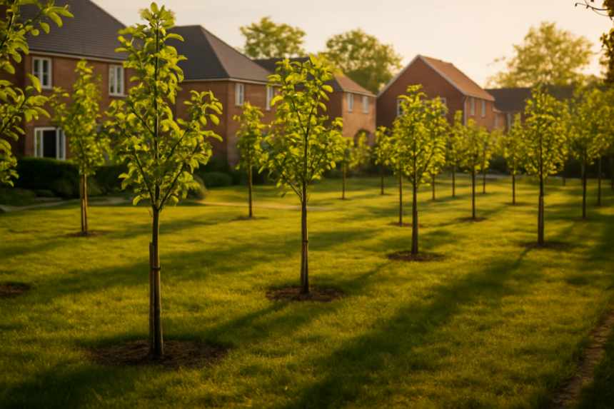 Newly planted orchard saplings