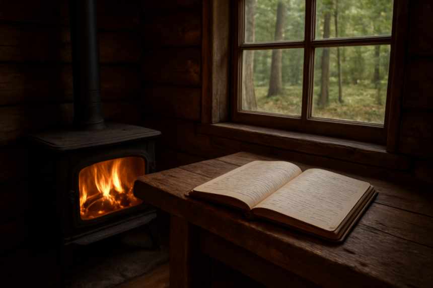 Remote cabin guestbook scene