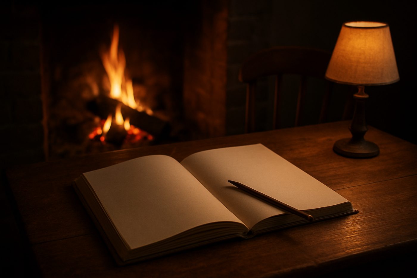 Firelit guestbook reading mood