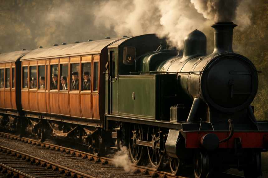 vintage steam train passing crossing