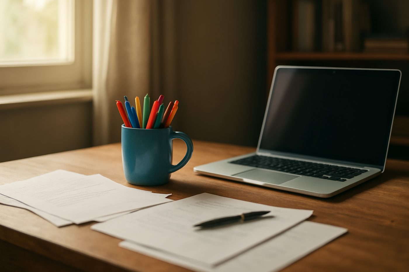 study desk with blue mug
