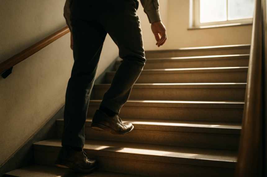 Staircase climbing with coffee cup