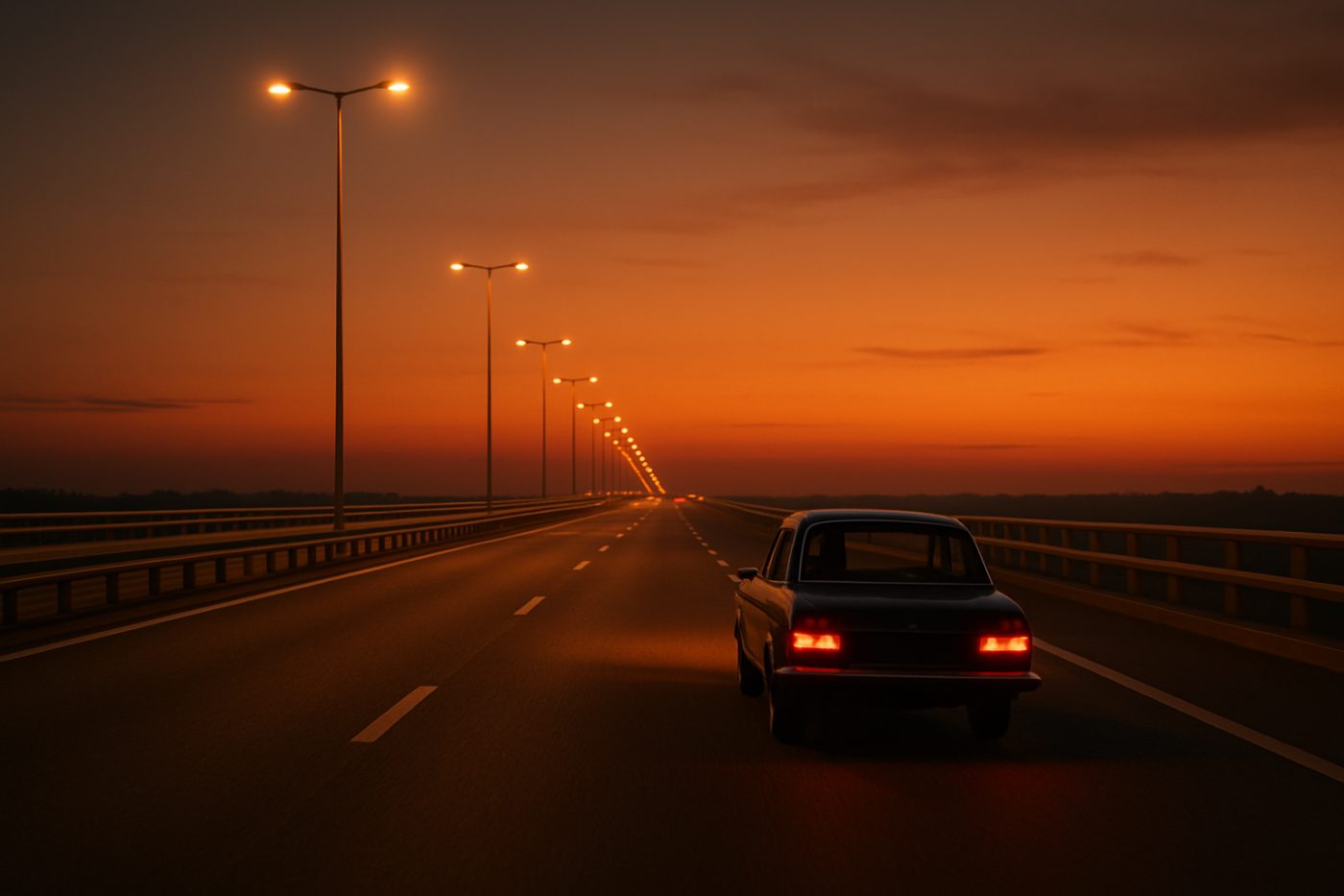 Vintage car on modern bridge