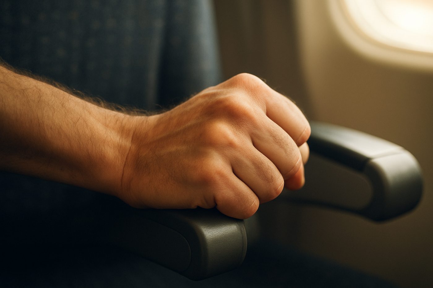 Gripping airplane armrests tightly