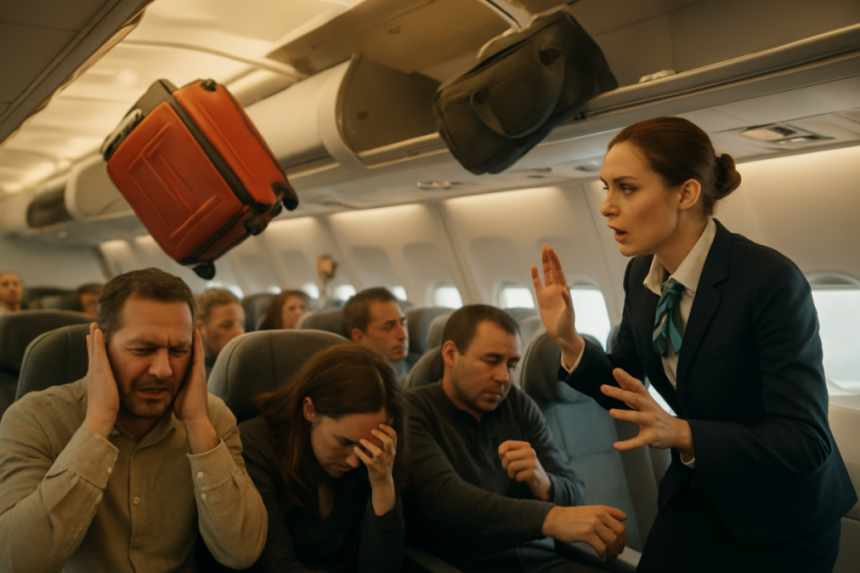 Airplane turbulence, falling luggage