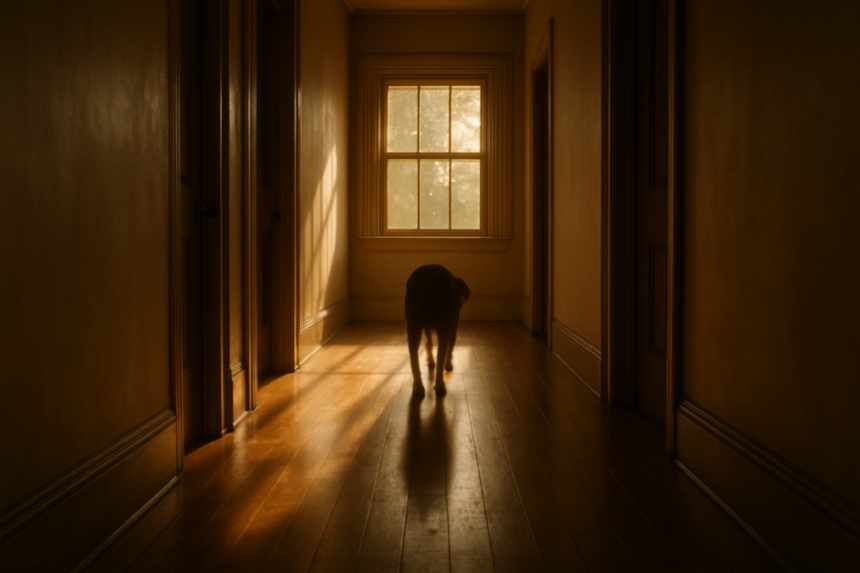 Quiet hallway with ghostly dog presence