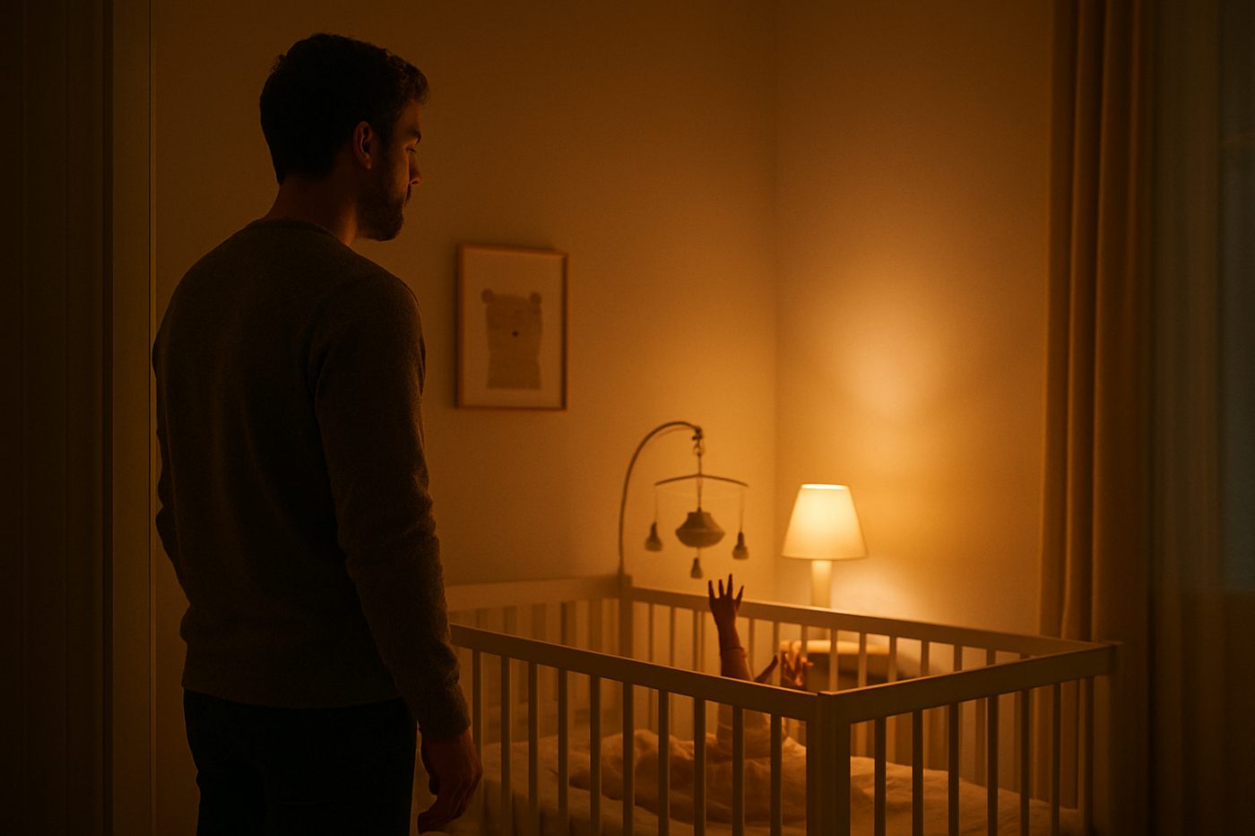 father watching baby crib