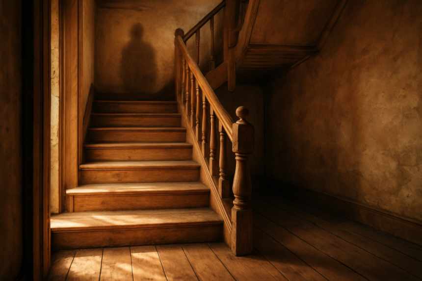 farmhouse staircase with ghostly shadow