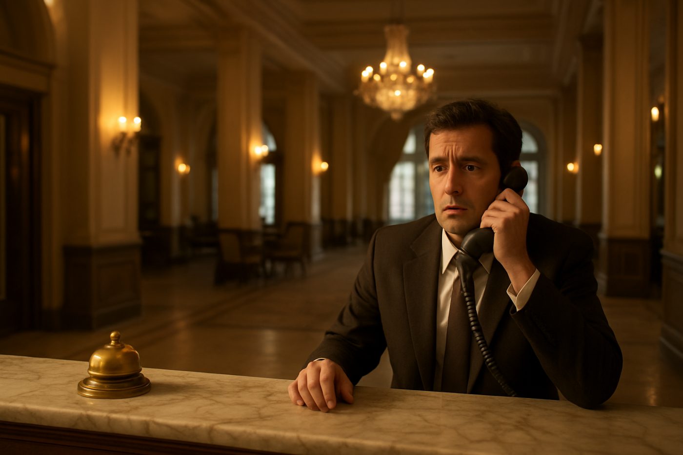 Hotel clerk at front desk