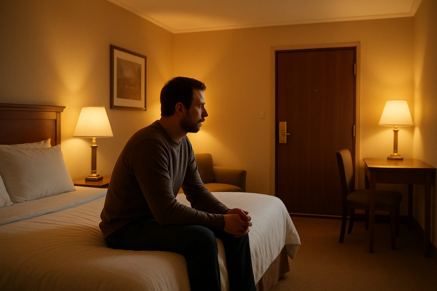 Traveler in hotel room