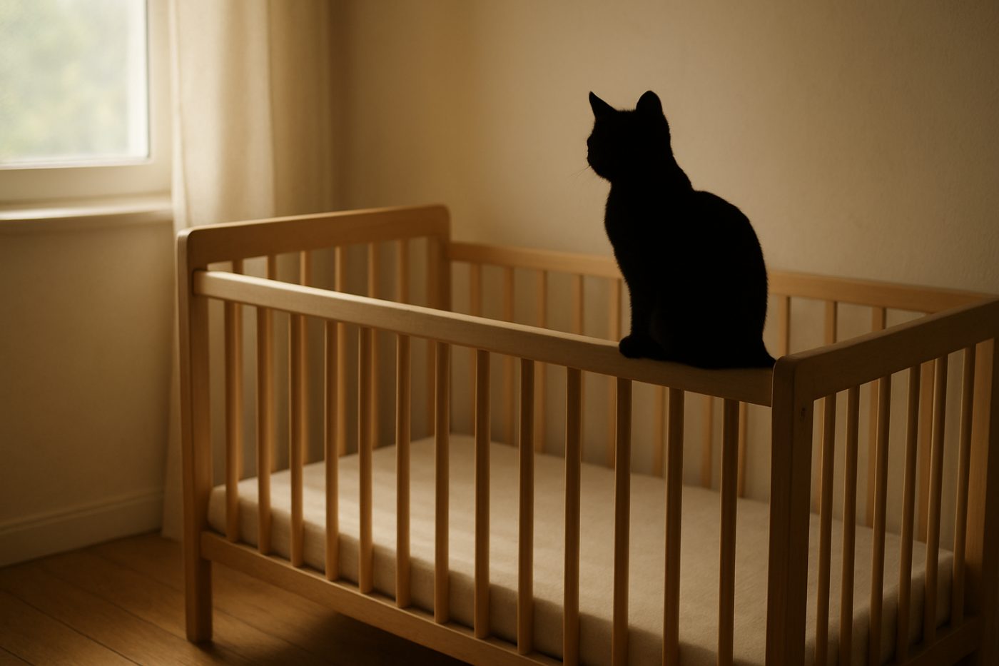 cat silhouette on crib rail