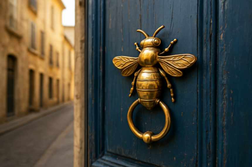 blue door with bee knocker