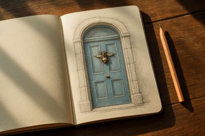 diary with blue door sketch