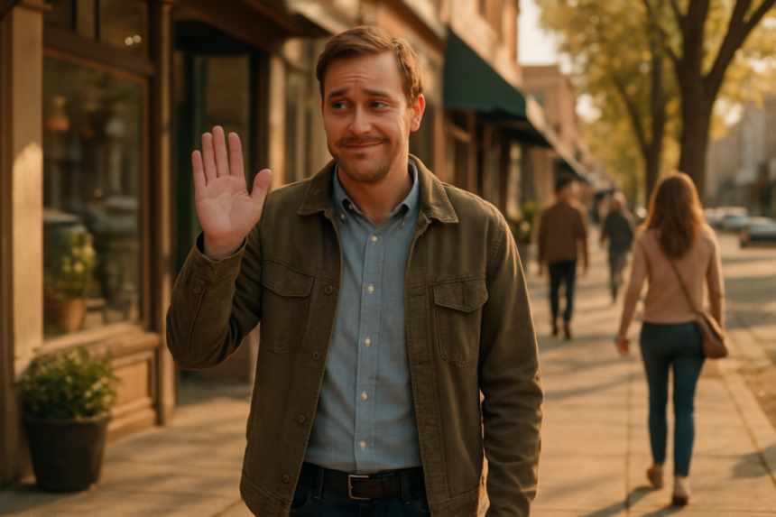 Person waving down block
