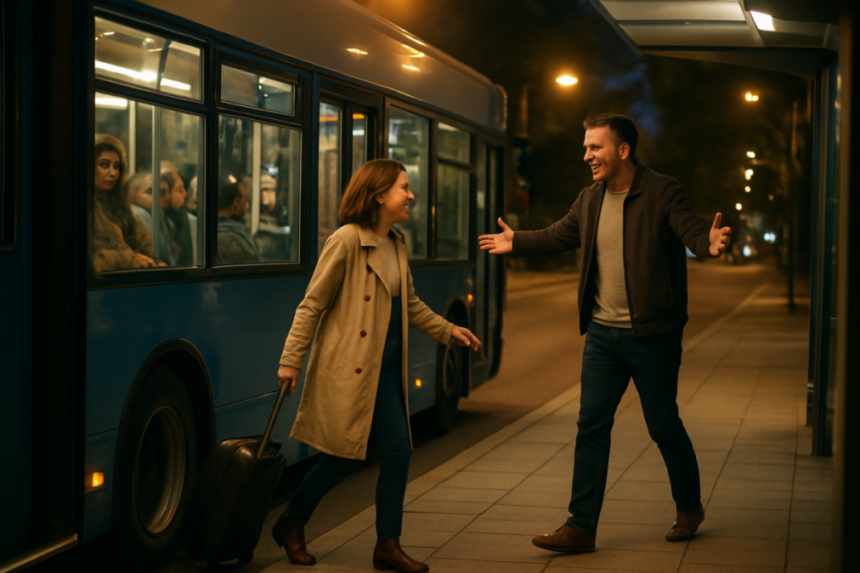 Bus stop reunion scene