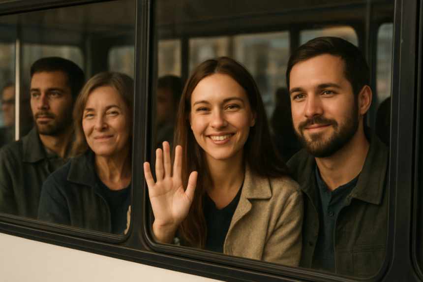 Bus passengers watching and waving