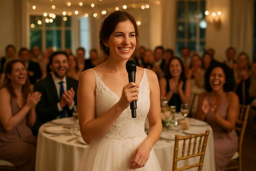 Bride takes microphone confidently