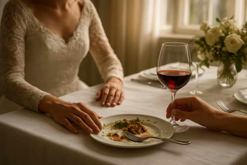 Bride gently sets wine glass