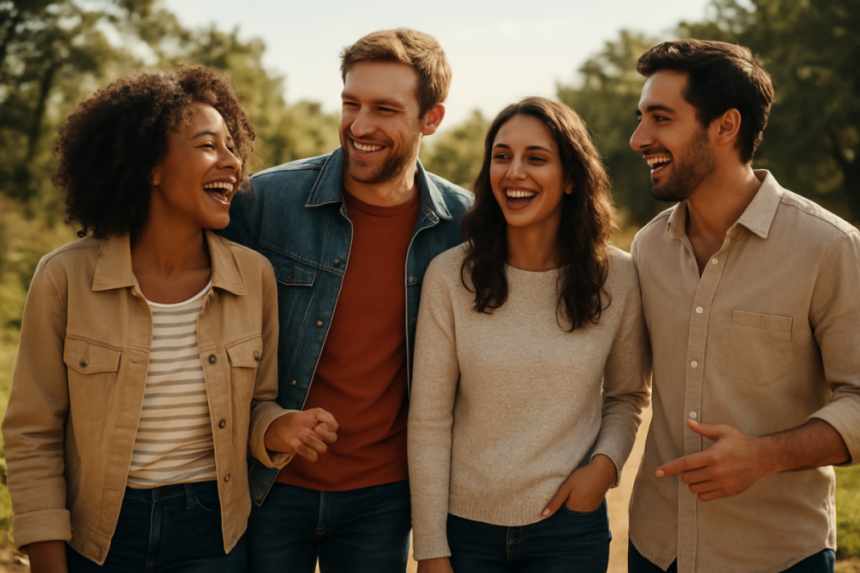friends laughing outside trip