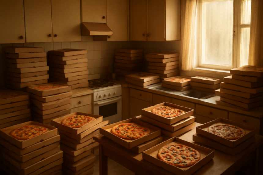 kitchen covered pizza boxes
