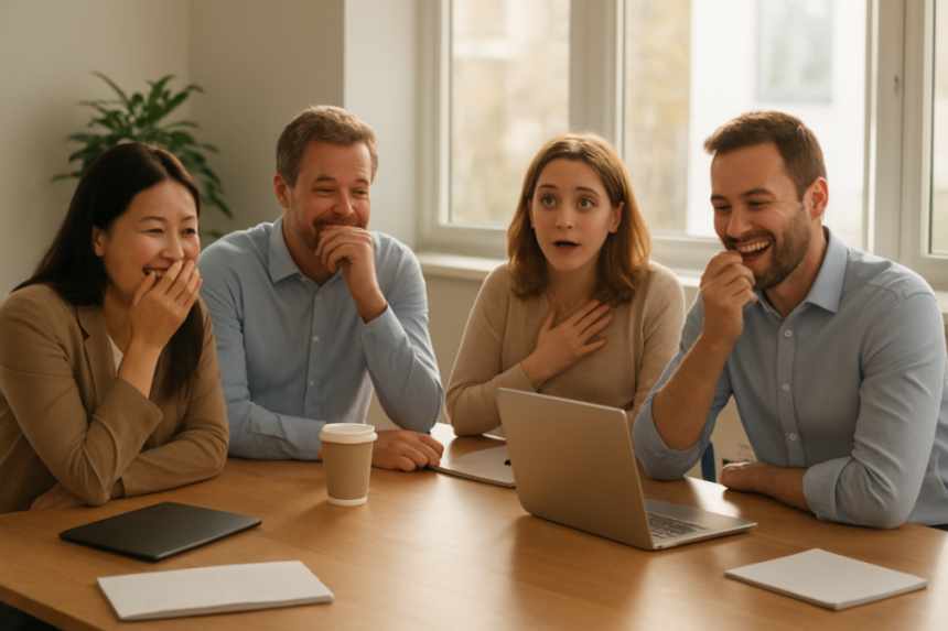 team laughing office meeting