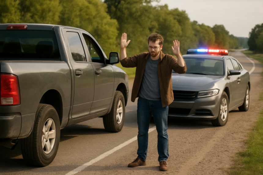 Man explaining beside truck