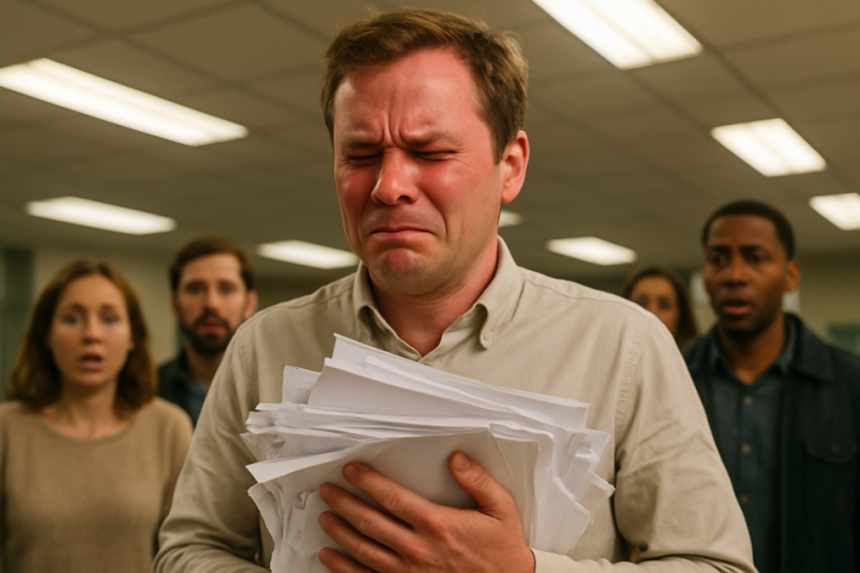 embarrassed man in bank