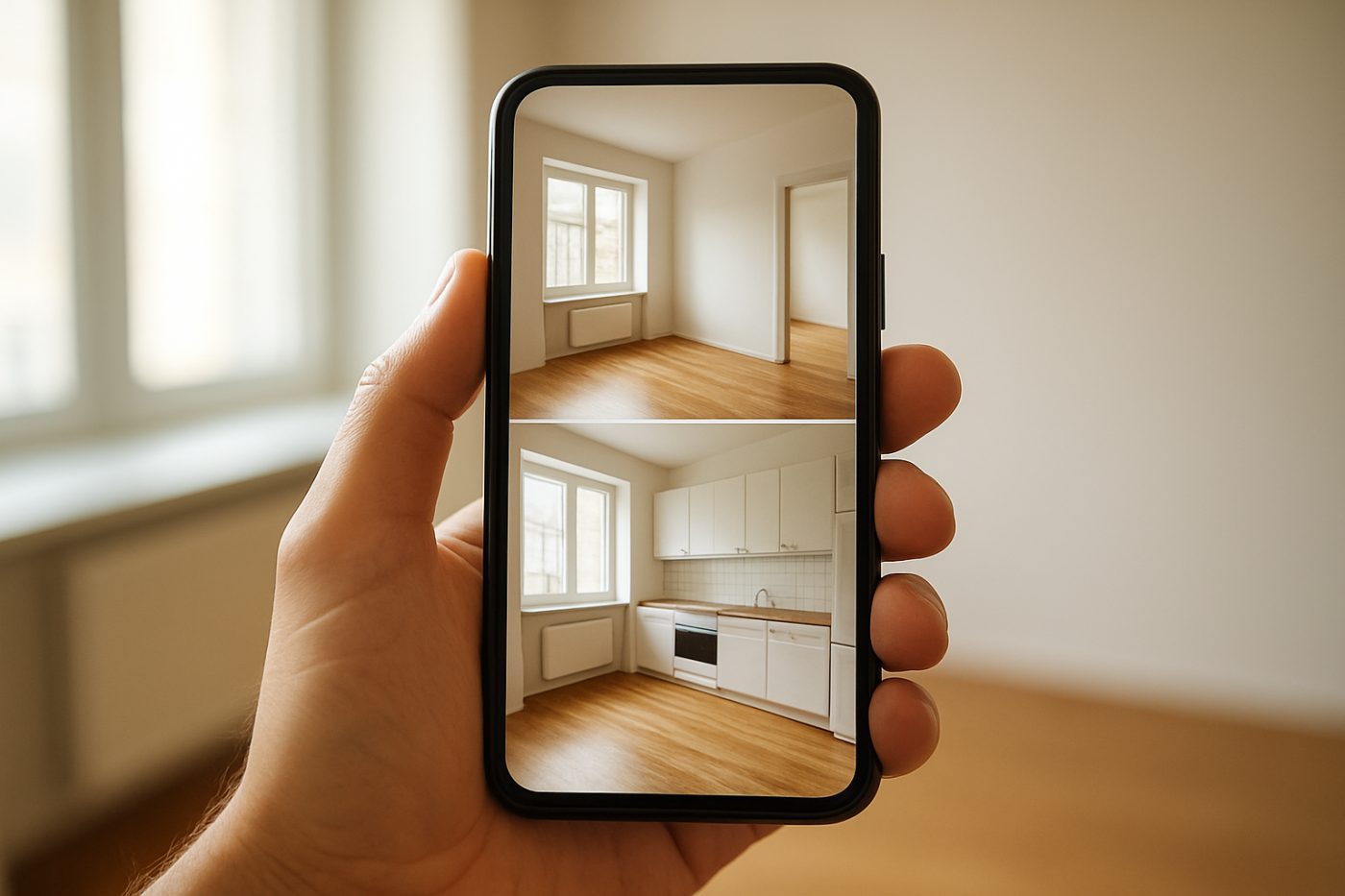 phone showing apartment photos