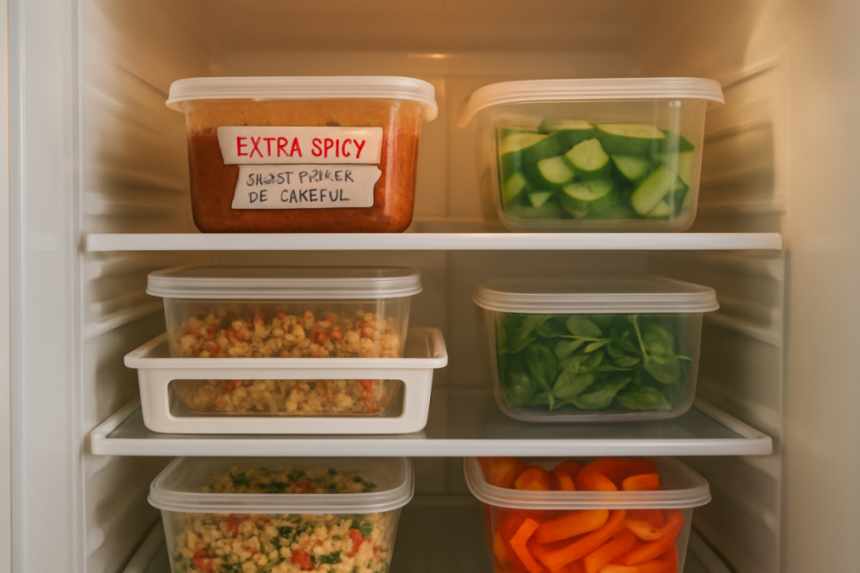 labeled groceries in fridge