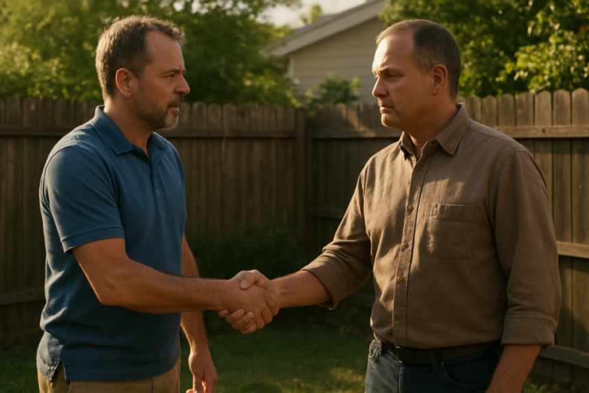 Neighborly handshake over fence