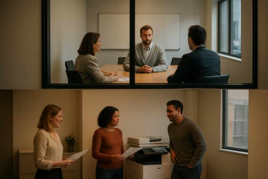 doppelganger office meeting scene