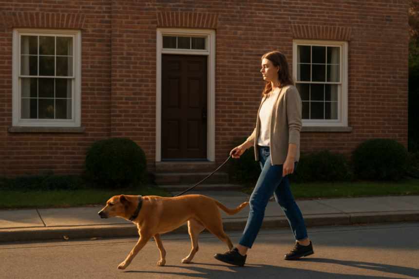 Woman walking dog by house