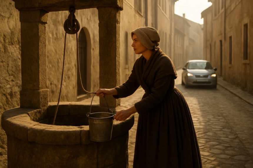 Woman at stone village well