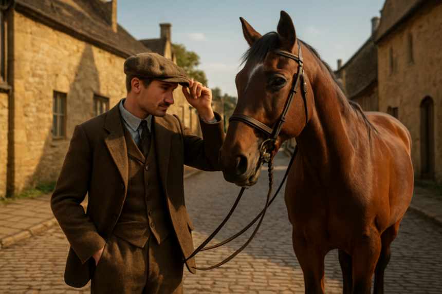 Vintage-dressed man with horse