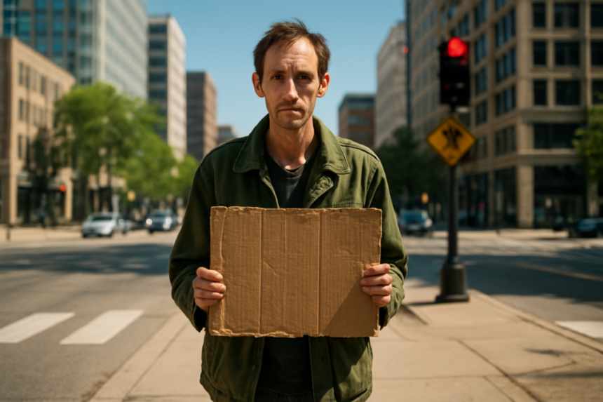 Man with sign at red light