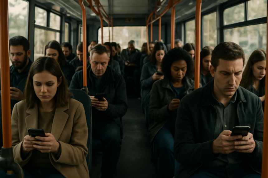 silent crowded bus interior