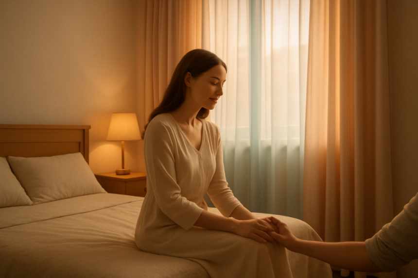 Grandmother sitting on bed